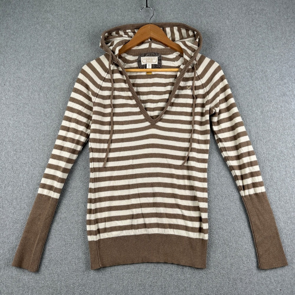American Eagle Sweater Womens M Brown Striped Hooded V-Neck Knit Pullover Cotton